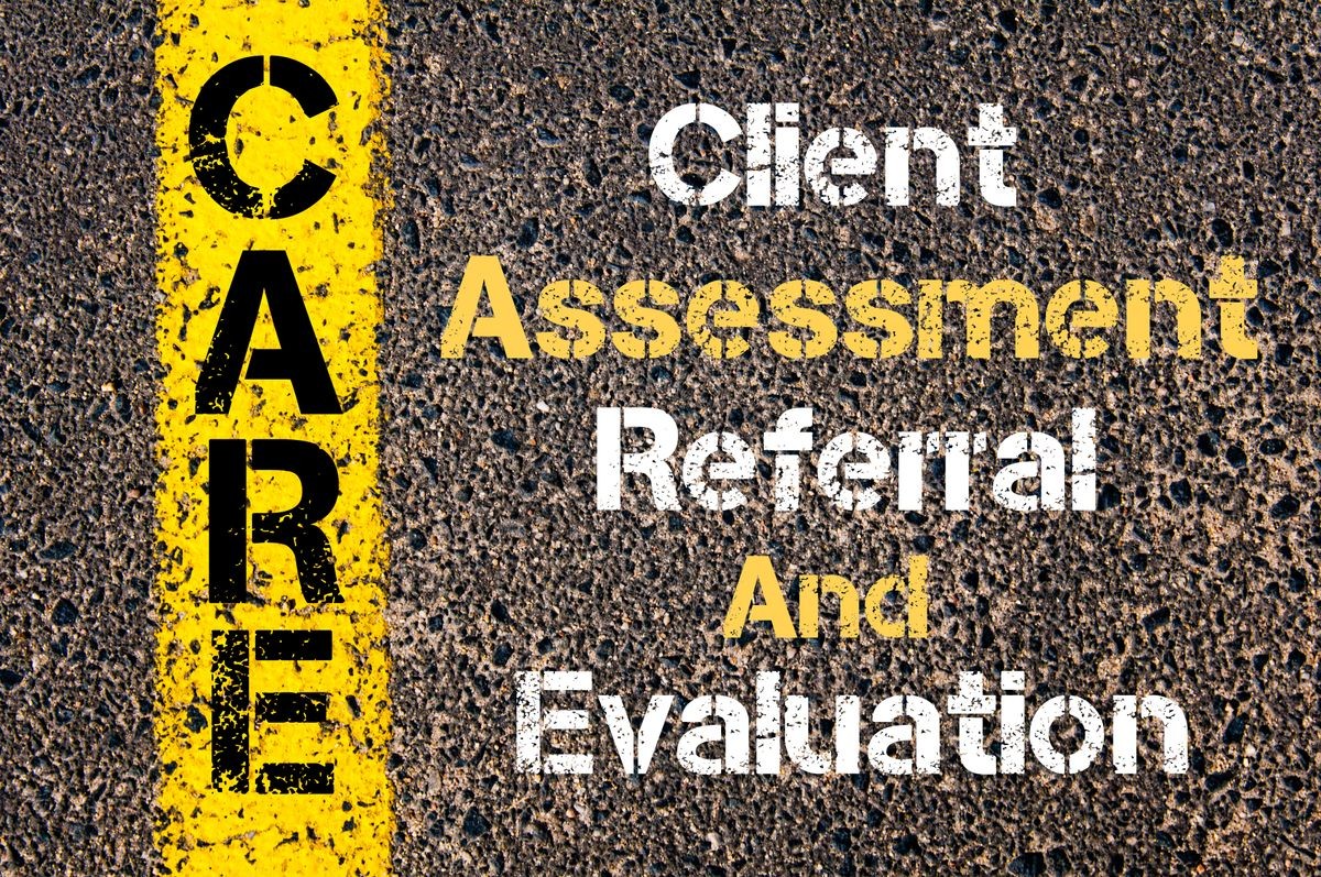 Concept image of Business Acronym CARE Client Assessment Referral And Evaluation written over road marking yellow paint line